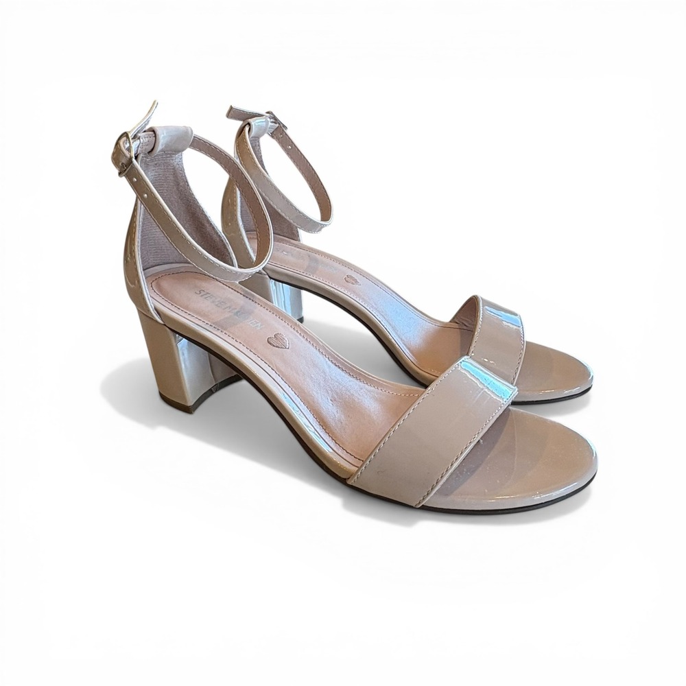 Steve‎ Madden Nude/Tan Patent Block Heel Sandals Ankle Strap Womens Sz 6 Shoes